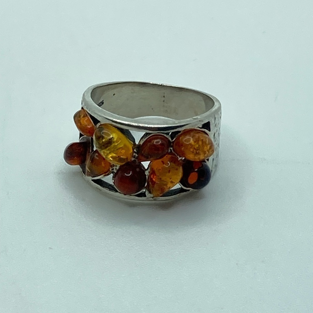 VTG Sterling & Amber Multi Colour Stone Wide Band Ring Approx Sz 5.5